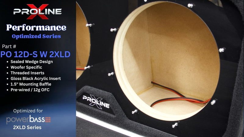 Proline X PO 12D-S W 2XLD sealed wedge enclosure, interior through the baffle opening showing the 1.5 inch mounting baffle and pre-wired leads. Optimized for PowerBass 2XLD.