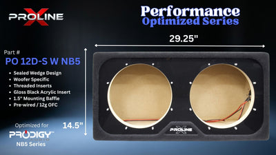 Performance Optimized Series woofer enclosure by Proline, part number PO 12D-S W NB5, designed for Prodigy NBS series. The black double-baffle enclosure features two circular openings with beige acoustic inserts and is shown with dimension markings of 29.