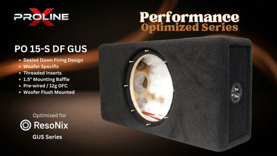 A black Proline ResoNix PO 12-S DF GUS woofers subwoofer enclosure box shown on a dark brown gradient background with product specifications and branding.