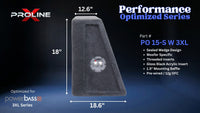 A performance-optimized car subwoofer enclosure shown on a dark blue gradient background with measurement labels and product details. The enclosure is dark gray/black with a circular speaker grille.