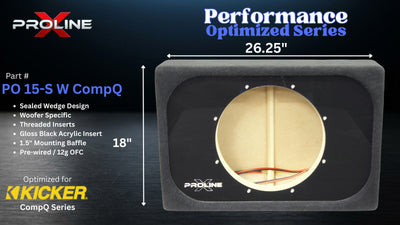 A Proline PO 15-S W CompQ subwoofer enclosure shown on a dark promotional graphic with dimensions labeled 26.25 inches by 18 inches and feature text on the left.
