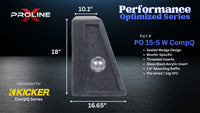 A Proline Performance Optimized Series CompQ woofer enclosure, part PO 15-S W, shown as a 16.65 by 10.