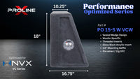 A performance-optimized car subwoofer enclosure shown on a dark studio-style background with dimension callouts and product specs. The enclosure is tall and angled, covered in dark gray fabric, with a circular speaker opening near the lower center.