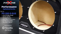 Close-up of a ProXline Performance PO 12D-S GUS woofer enclosure showing the interior with a beige wood cone, black mounting frame, visible screws, and wiring. A dark product info panel on the left lists features and notes compatibility with ResoNix GUS Series.