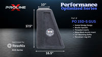 A dark gray wedge-shaped car audio woofer shown on a black background with measurement labels indicating 15 inches tall, 13.5 inches wide, and 8 inches top width.