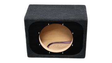 A black fabric-covered subwoofer enclosure box with a circular wood-grain front opening, showing internal wiring and a 1.0 ft net, on a solid white background.