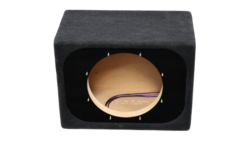 A black fabric-covered subwoofer enclosure box with a circular wood-grain front opening, showing internal wiring and a 1.0 ft net, on a solid white background.