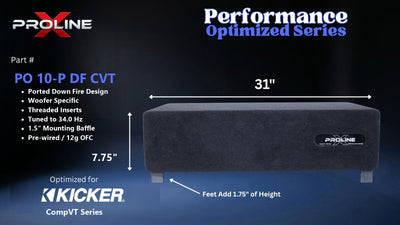 Proline X PO 10-P DF CVT ported down fire enclosure, front panel on 1.75 inch feet, 31 by 7.75 inches.