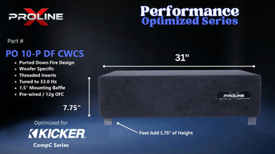 Proline X PO 10-P DF CWCS ported down fire enclosure, front panel on 1.75 inch feet, 31 by 7.75 inches.