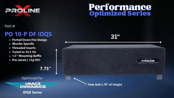 Proline X PO 10-P DF IDQS ported down fire enclosure, front panel on 1.75 inch feet, 31 by 7.75 inches.