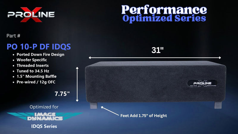 Proline X PO 10-P DF IDQS ported down fire enclosure, front panel on 1.75 inch feet, 31 by 7.75 inches.