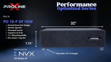 Proline X PO 10-P DF VSW ported down fire enclosure, front panel on 1.75 inch feet, 31 by 7.75 inches.
