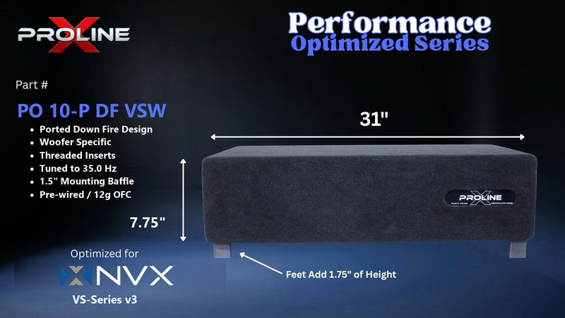 Proline X PO 10-P DF VSW ported down fire enclosure, front panel on 1.75 inch feet, 31 by 7.75 inches.
