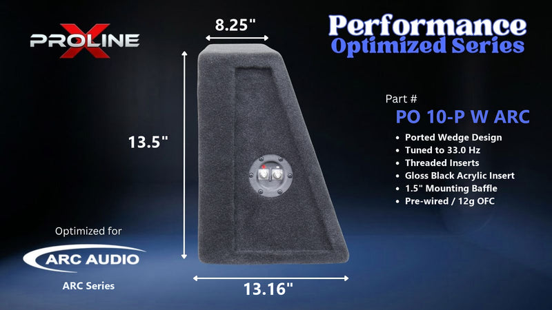 Proline X PO 10-P W ARC ported wedge, side profile with recessed terminal cup, 13.16 inch base, 13.5 inches tall.