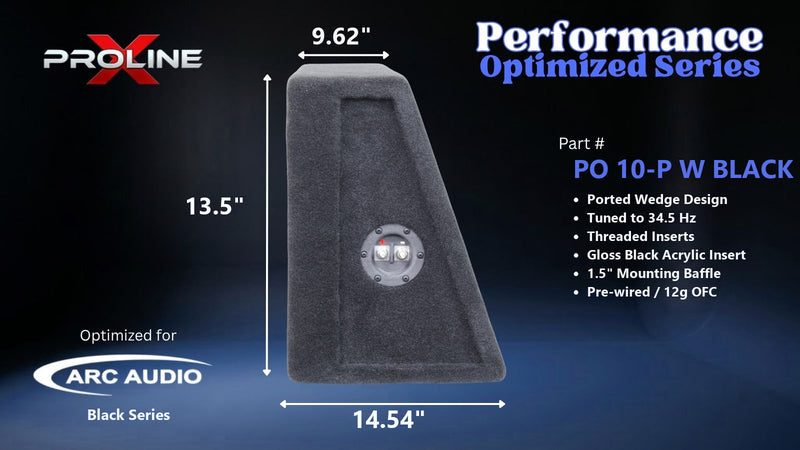 Proline X PO 10-P W BLACK ported wedge, side profile with recessed terminal cup, 14.54 inch base, 13.5 inches tall.