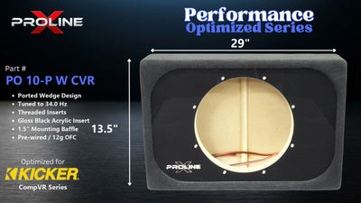 Proline X PO 10-P W CVR ported wedge, front baffle with gloss black insert and pre-wired leads, 29 by 13.5 inches.