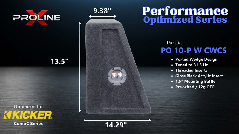 Proline X PO 10-P W CWCS ported wedge enclosure, side profile with recessed terminal cup, 9.38 inch top, 14.29 inch base, 14 inches tall. Optimized for Image Dynamics IDMAX.
