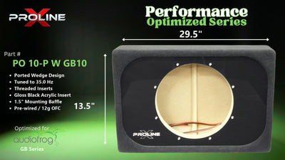 Proline X PO 10-P W GB10 ported wedge, front baffle with gloss black insert and pre-wired leads, 29.5 by 13.5 inches.