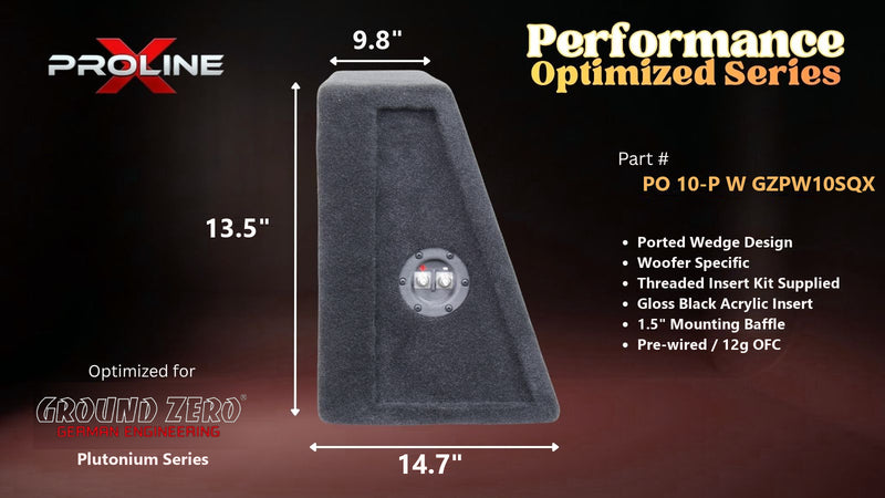 Proline X PO 10-P W GZPW10SQX ported wedge, side profile with recessed terminal cup, 14.66 inch base, 13.5 inches tall.