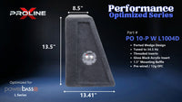 Proline X PO 10-P W L1004D ported wedge enclosure, side profile with recessed terminal cup, 8.50 inch top, 13.41 inch base, 14 inches tall. Optimized for Image Dynamics IDMAX.