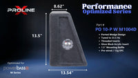 Proline X PO 10-P W M1004D ported wedge enclosure, side profile with recessed terminal cup, 8.62 inch top, 13.54 inch base, 14 inches tall. Optimized for Image Dynamics IDMAX.
