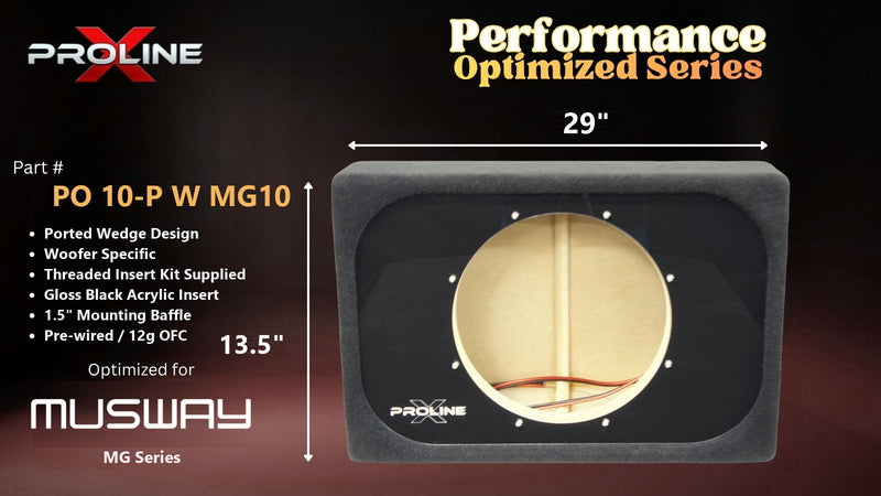 Proline X PO 10-P W MG10 ported wedge, front baffle with gloss black insert and pre-wired leads, 29 by 13.5 inches.