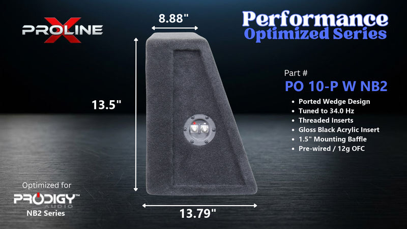 Proline X PO 10-P W NB2 ported wedge enclosure, side profile with recessed terminal cup, 8.88 inch top, 13.79 inch base, 14 inches tall. Optimized for Image Dynamics IDMAX.