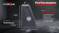 Proline X PO 10-P W P1 ported wedge enclosure, side profile with recessed terminal cup, 8.00 inch top, 12.91 inch base, 14 inches tall. Optimized for Image Dynamics IDMAX.