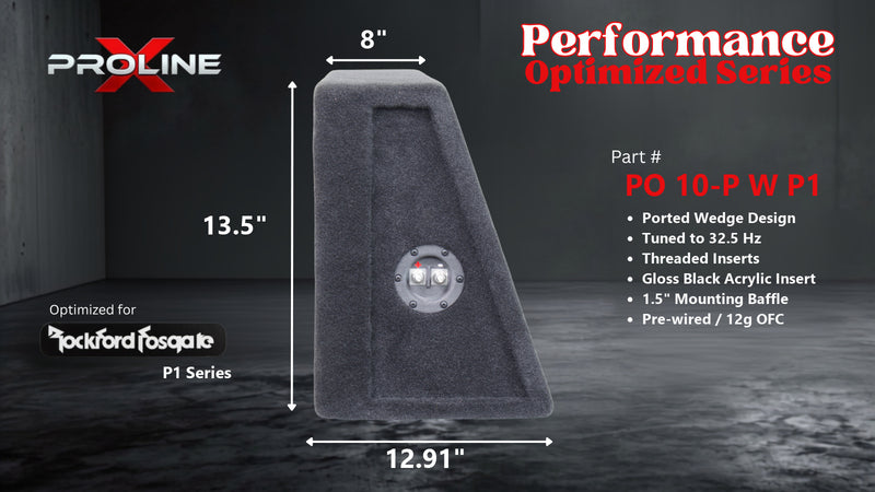 Proline X PO 10-P W P1 ported wedge enclosure, side profile with recessed terminal cup, 8.00 inch top, 12.91 inch base, 14 inches tall. Optimized for Image Dynamics IDMAX.