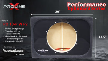 Proline X PO 10-P W P2 ported wedge enclosure, front baffle with gloss black acrylic insert and pre-wired leads, 29 by 14 inches. Optimized for Image Dynamics IDMAX.