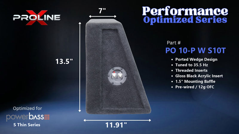 Proline X PO 10-P W S10T ported wedge enclosure, side profile with recessed terminal cup, 7.00 inch top, 11.91 inch base, 14 inches tall. Optimized for Image Dynamics IDMAX.