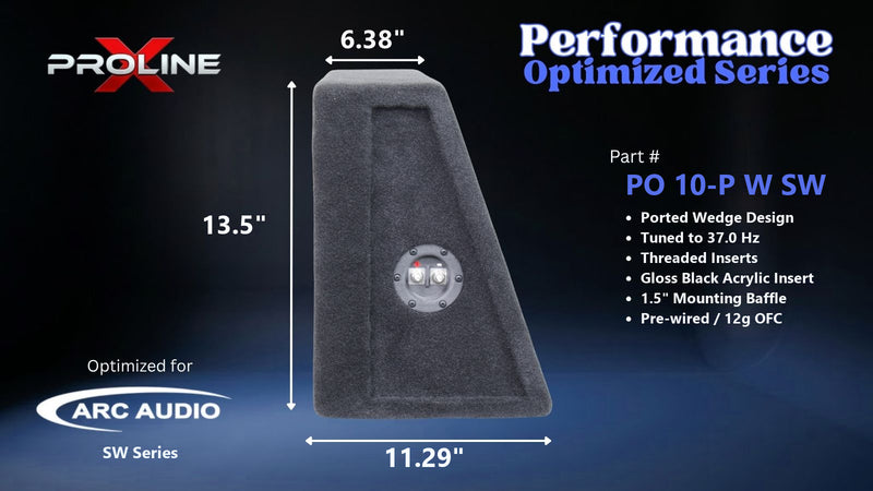 Proline X PO 10-P W SW ported wedge, side profile with recessed terminal cup, 11.29 inch base, 13.5 inches tall.