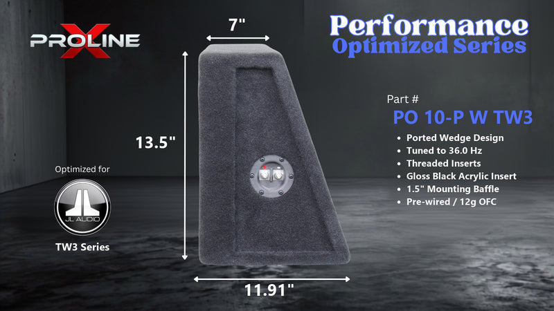 Proline X PO 10-P W TW3 ported wedge enclosure, side profile with recessed terminal cup, 7.00 inch top, 11.91 inch base, 14 inches tall. Optimized for Image Dynamics IDMAX.
