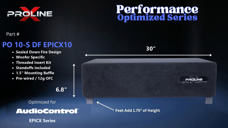 Proline X PO 10-S DF EPICX10 sealed down fire enclosure, front panel on 1.75 inch feet, 30 by 6.8 inches.
