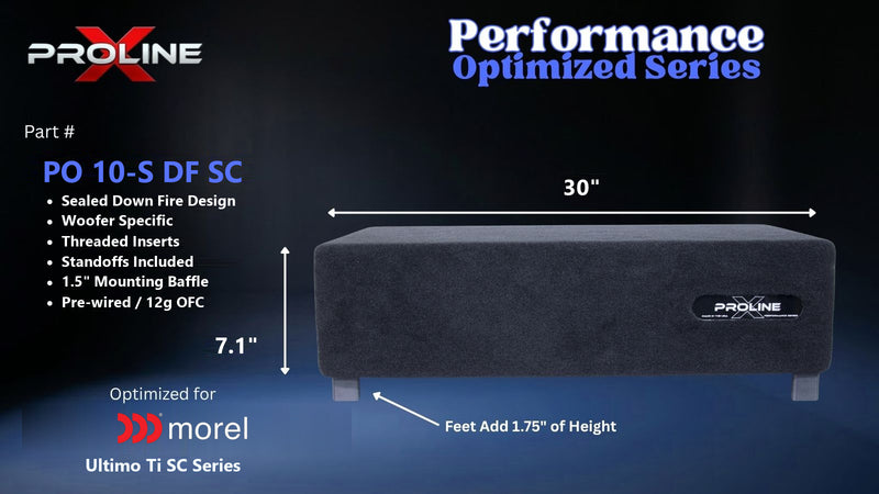 Proline X PO 10-S DF SC sealed down fire enclosure, front panel on 1.75 inch feet, 30 by 7.1 inches.