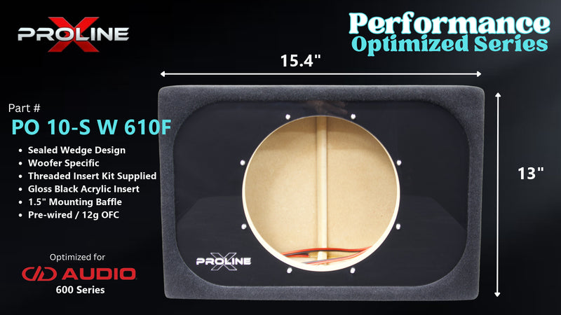 Proline X PO 10-S W 610F sealed wedge, front baffle with gloss black insert and pre-wired leads, 15.39 by 13 inches.