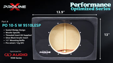 Proline X PO 10-S W 9510LESP sealed wedge, front baffle with gloss black insert and pre-wired leads, 13.94 by 13 inches.