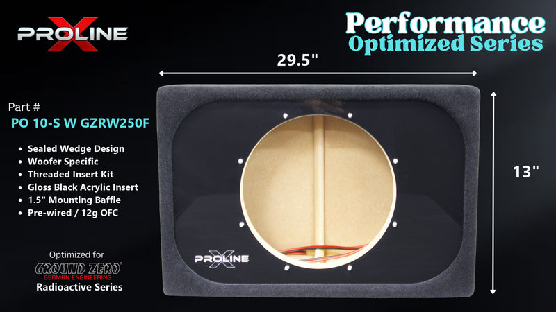Proline X PO 10-S W GZRW250F sealed wedge, front baffle with gloss black insert and pre-wired leads, 29.5 by 13 inches.