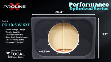 Proline X PO 10-S W KXE sealed wedge, front baffle with gloss black insert and pre-wired leads, 20.4 by 13 inches.