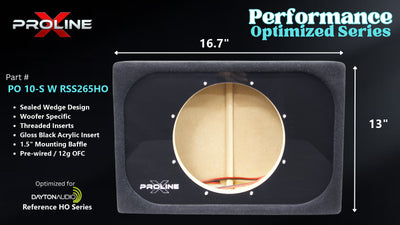 Proline X PO 10-S W RSS265HO sealed wedge, front baffle with gloss black insert and pre-wired leads, 16.7 by 13 inches.