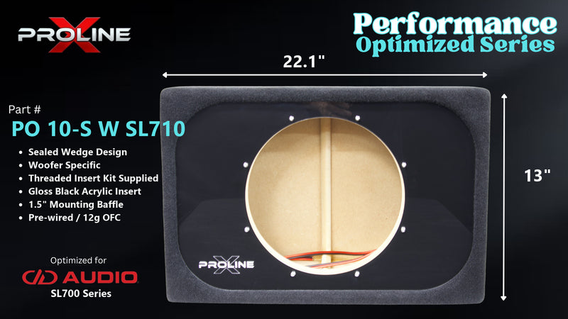 Proline X PO 10-S W SL710 sealed wedge, front baffle with gloss black insert and pre-wired leads, 22.06 by 13 inches.