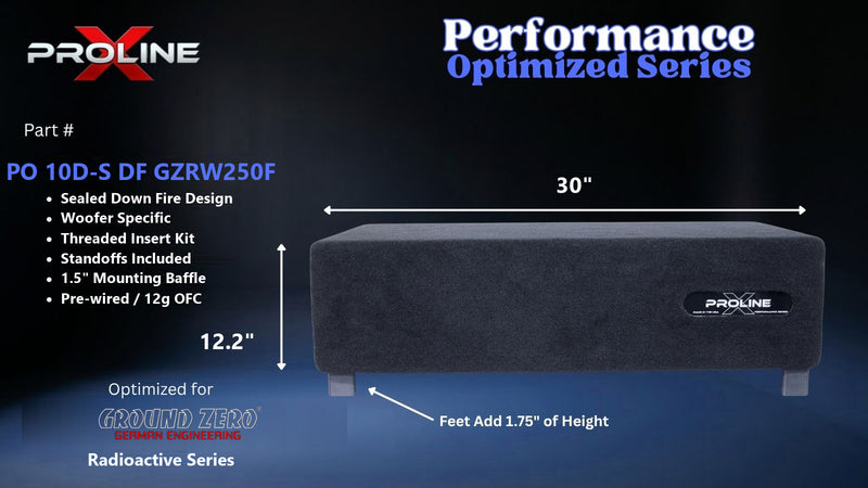 Proline X PO 10D-S DF GZRW250F sealed down fire enclosure, front panel on 1.75 inch feet, 30 by 12.2 inches.