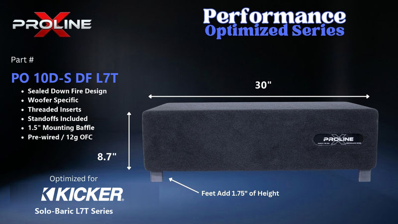 Proline X PO 10D-S DF L7T sealed down fire enclosure, front panel on 1.75 inch feet, 30 by 8.7 inches.