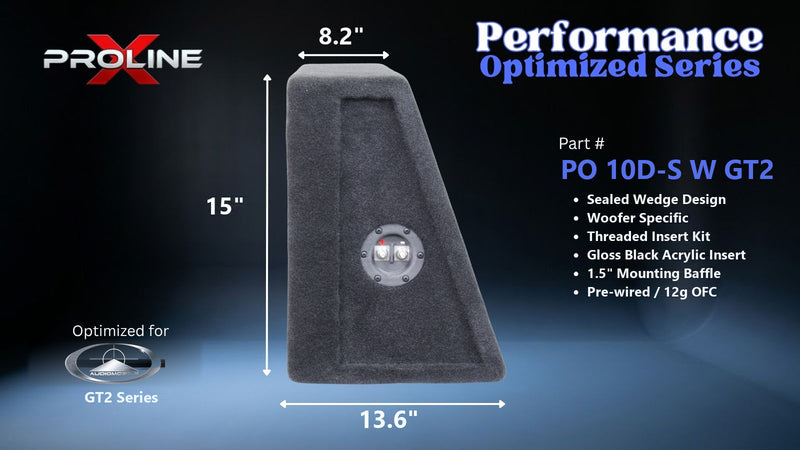 Proline X PO 10D-S W GT2 sealed wedge, side profile with recessed terminal cup, 13.6 inch base, 15 inches tall.