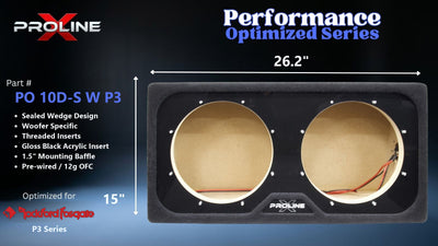 Proline X PO 10D-S W P3 sealed wedge, front baffle with gloss black insert and pre-wired leads, 26.2 by 15 inches.