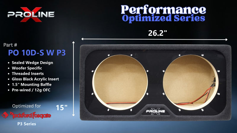 Proline X PO 10D-S W P3 sealed wedge, front baffle with gloss black insert and pre-wired leads, 26.2 by 15 inches.