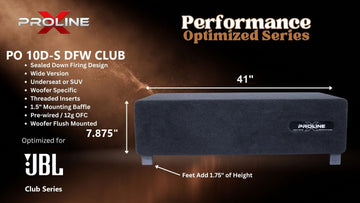 Proline X PO 10D-S DFW CLUB sealed down-fire wide enclosure for two JBL Club 102SL, 41 inches wide by 7.875 inches tall, feet add 1.75 inches of height.