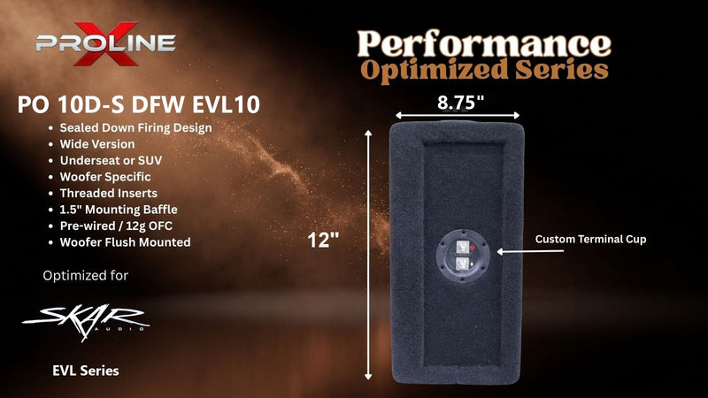 Proline X PO 10D-S DFW EVL10 sealed down-fire wide enclosure, end panel with side-mounted terminal cup, 8.75 inches tall by 12 inches deep.