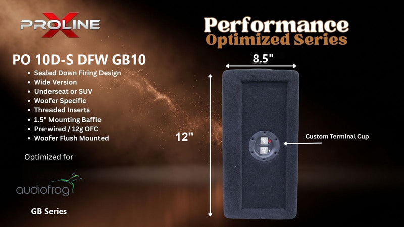 Proline X PO 10D-S DFW GB10 sealed down-fire wide enclosure, end panel with side-mounted terminal cup, 8.5 inches tall by 12 inches deep.