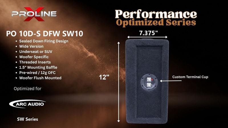 Proline X PO 10D-S DFW SW10 sealed down-fire wide enclosure, end panel with side-mounted terminal cup, 7.375 inches tall by 12 inches deep.